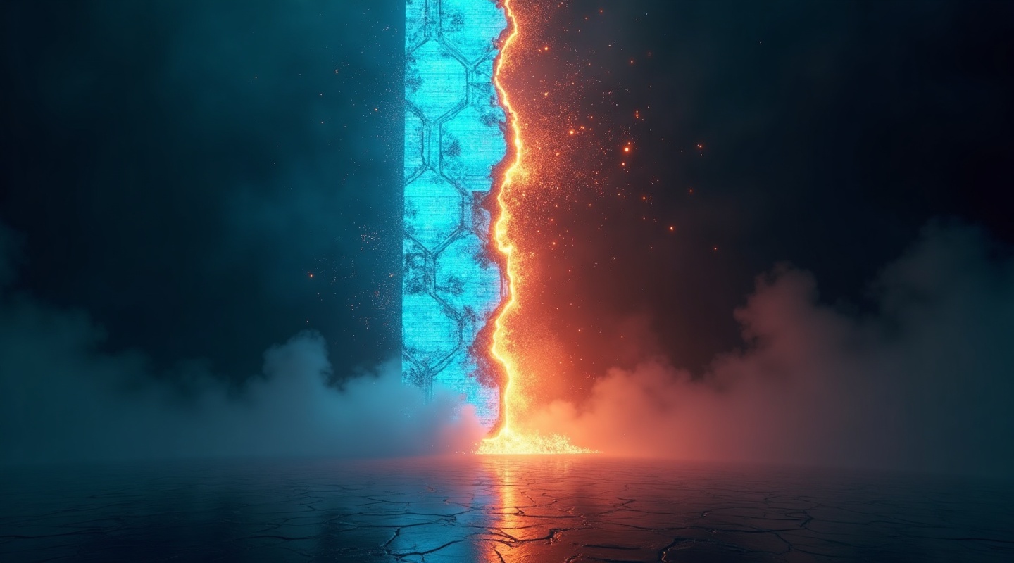 A cloud firewall visualized as a glowing barrier, intact and impenetrable on one side, fracturing into a molten breach on the other