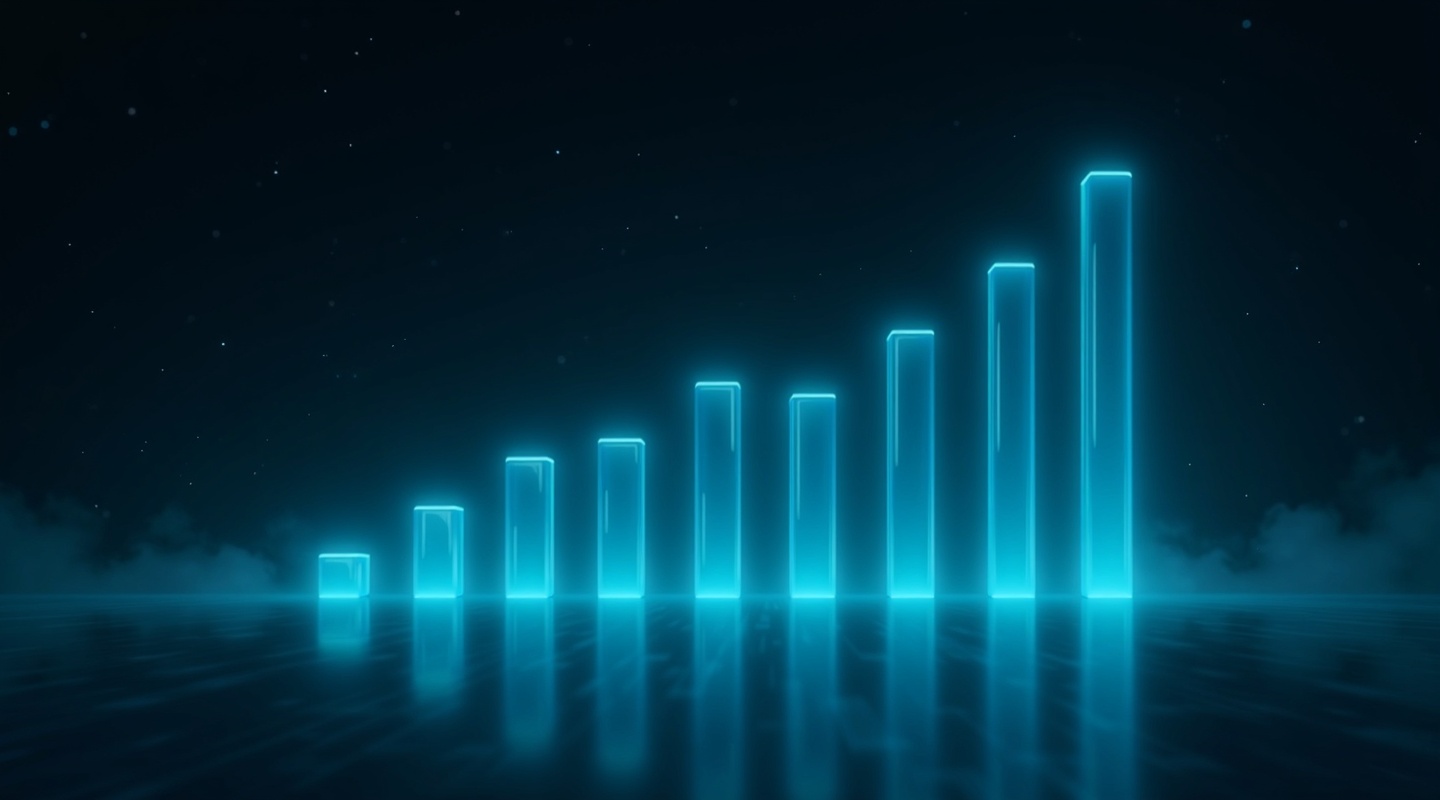 A glowing leaderboard of vertical bars ranking 8 SASE vendors, rising from a dark reflective floor